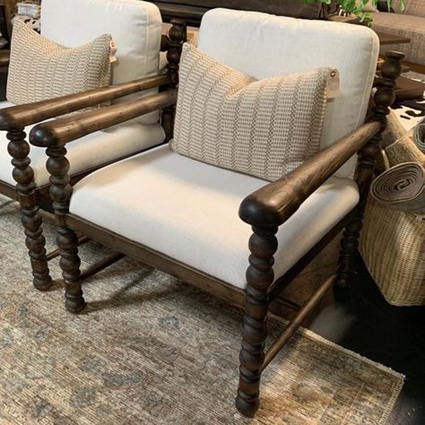 Inspired by traditional Welsh furnishings and designed and crafted to look like an heirloom. This eye-catching chair features traditional bobbin legs with an intentional, subtle worn finishing. Dimensions: W: 28.5" D: 32" H: 33"Materials: Polyester, PineColors: Ivory, PineTrove No. 36864Trove Price: $643 *All items final sale. Trove policies. Accent Chair In Kitchen, Modern Traditional Furniture, Patterned Chairs Living Room, Florida Decorating Ideas Interiors, Welsh Furniture, Tartan Chair, Farmhouse Accent Chair, French Colonial Style, Bobbin Chair