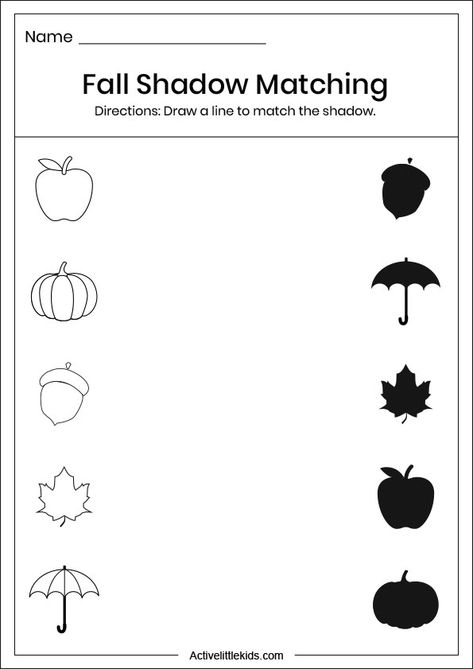 Fall matching worksheets - Active Little Kids Fall Preschool Worksheets, Pumpkin Activities Preschool, Shape Worksheets For Preschool, Fall Worksheets, Fall Lesson Plans, Alphabet Crafts Preschool, Shadow Matching, Preschool Fine Motor Activities, Lesson Plans For Toddlers