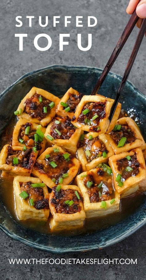 Tofu Stuffed Mushrooms, Stuffed Tofu Chinese, Traditional Tofu Recipes, Tofu Recipe Ideas, Tofu Main Dish Recipes, Stuffed Tofu Recipe, Hard Tofu Recipes, Tofu Side Dish Recipes, Soft Vegan Food