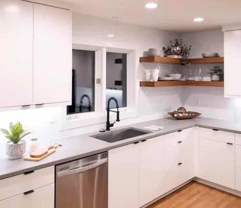 L Shaped Kitchen With Shelves, Corner Open Shelving In The Kitchen, Open Shelving Corner Kitchen, L Shaped Kitchen With Open Shelving, Kitchen Corner Floating Shelves, Kitchen Corner Shelving Ideas, Open Corner Shelves Kitchen, Corner Shelves In Kitchen, Corner Open Shelves Kitchen