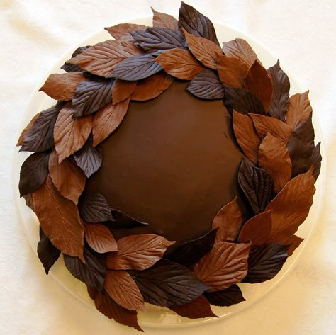 Cake Designs With Chocolate Decorations, Chocolates On Cake Decoration, Decorated Chocolate Cake Ideas, Pretty Chocolate Cake Decorating Ideas, Chocolate Leaves How To Make, Chocolate Leaves Cake Decoration, Autumn Cakes, Chocolate Leaves, Rodjendanske Torte