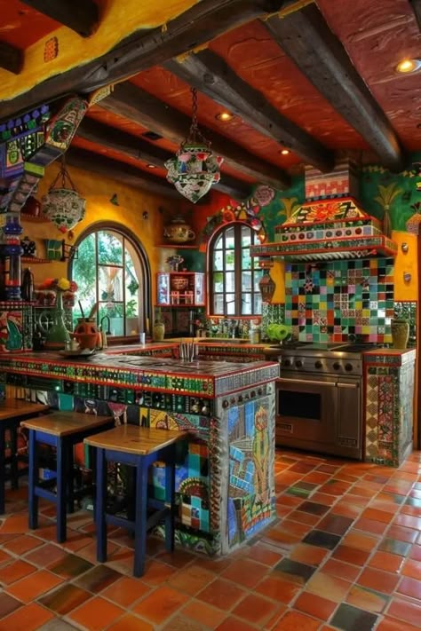 Mexican Interior Design Kitchen, Spanish Style Kitchen Mexican Hacienda, Hacienda Style Homes Mexican Kitchen, Spanish Decorations, Spanish Inspired Kitchen, Hacienda Style Homes Mexican, Vision Board House, House Near The Beach, Southwestern Homes