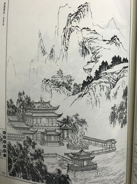 Japanese Architecture Drawings, Chinese Drawing, Temple Drawing, Chinese Drawings, Drawing Scenery, Gcse Art Sketchbook, Chinese Landscape Painting, Chinese Art Painting, Tinta China