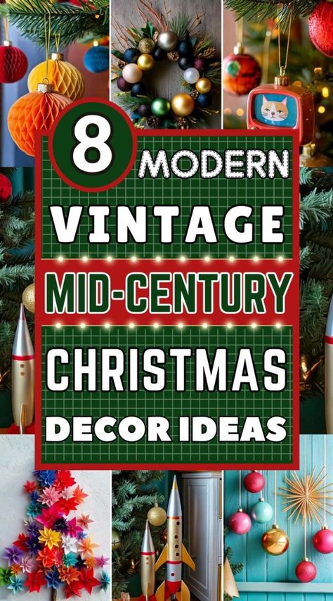 Step into a nostalgic scene with Vintage Mid-Century Modern Christmas decor, where timeless elegance meets festive cheer. This style celebrates the simplicity and geometric charm of mid-century design, blending it with the warmth and sparkle of the holiday season. Christmas Tree Mid Century Modern, 1970 Christmas Decorations, 60s Christmas Decorations, Retro Christmas Decorations 1950s, Midcentury Modern Christmas Decor, How To Decorate A Hutch, Midcentury Modern Living Room Decor, Mid Century Modern Christmas Decor, Mid Century Modern Christmas Tree