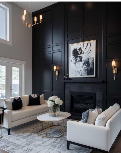 Black Accent Wall Living Room, Black Walls Living Room, Moody Living Room, Black Living Room Decor, Black Living, Gold Living, Black And White Living Room, White Fireplace, Black Living Room