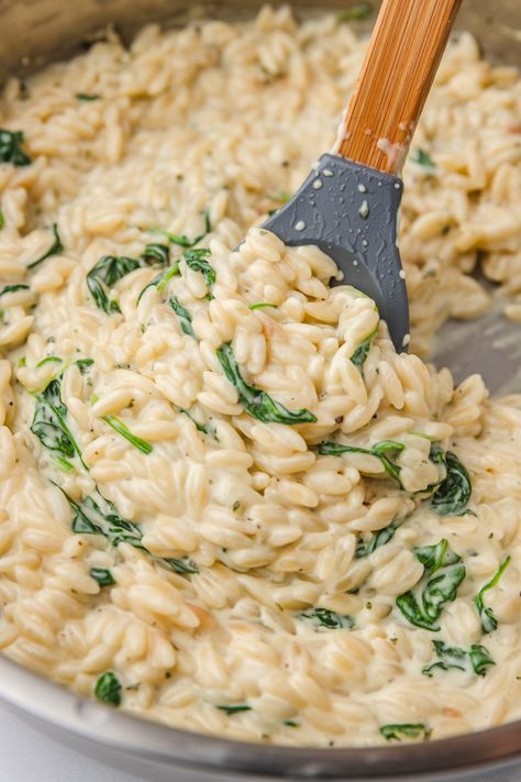 Boisin Cheese Orzo, One Pot Boursin Orzo, Chicken Sausage Orzo Boursin, Boursin Cheese Orzo Pasta, Borson Cheese Recipes, Orzo And Boursin Pasta Bake, Boursin Risotto, Boursin Orzo Bake, Boursin Cheese Recipes Appetizer Ideas