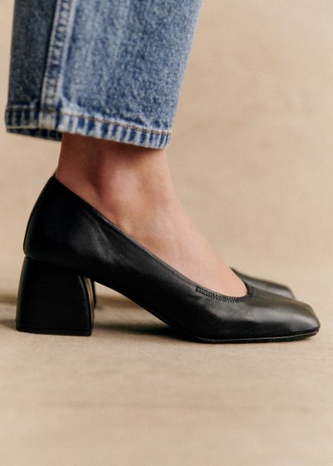 Martina Heel Pumps - Smooth Black - Smooth goatskin leather - Sézane Ballerina Pumps, Designer Pumps, Business Shoes, Sheep Leather, Mary Jane Flats, Girls Sneakers, Heel Pumps, Rubber Heels, How To Look Classy