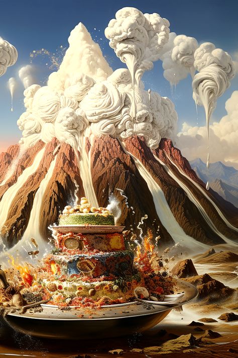 Witness an eruption of culinary creativity! In this captivating image, a volcano spews forth billows of whipped cream, cascading down to a sumptuous cake below. The cake, adorned with alluring layers and flavors, awaits the final touch. Will the eruption satisfy the sweet craving? 'Volcano Delight' - where desserts meet adventure in a delectable spectacle. #volcano #whippedcream #cake #eruption #culinarycreativity #sumptuous #flavors #sweetcraving #dessert #culinaryadventure #cream #milk Volcano Cake, Final Touch, Volcano, The Sweet, Whipped Cream, Vanilla, Milk, Dessert, Cream