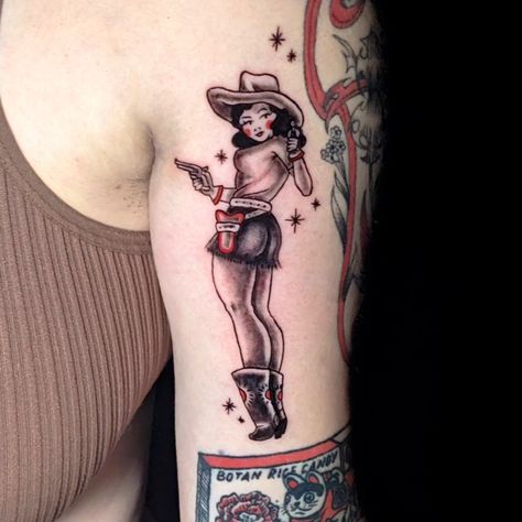 got to add this cutie vintage cowgirl to amrita's black n red arm!! thank u always friend 🖤🤠 . . . #tattoo #tattooapprentice #tattooartist #tattoostudent #pdxtattoo #portlandtattoo #queertattooartist #queertattooers #portlandtattooartist #oregontattoo #pnwtattoo #cowgirltattoo #vintagetattoo Goth Cowgirl Tattoo, Western Pinup Tattoo, Cowgirl Pinup Tattoo, Western Pinup, Cowgirl Tattoo, Cowgirl Pinup, Oregon Tattoo, Pnw Tattoo, Portland Tattoo