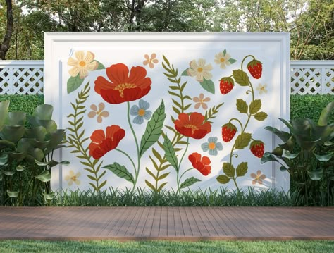 Small Flower Wall Mural, Wild Flowers Mural, Outdoor Mural Ideas Flower, Simple Flower Mural, Flower Mural Outdoor, Poppy Mural, Flower Mural Wall, Outdoor Mural Ideas, Whimsical Mural