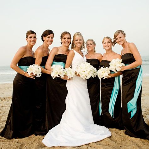 Black And Turquoise Wedding, Beach Wedding Turquoise, Black Bridesmaid Dress Mismatched, Turquoise Bridesmaid, Turquoise Bridesmaid Dresses, Tiffany Blue Wedding, Bridesmaid Colors, Black Bridesmaids, Mismatched Bridesmaid Dresses