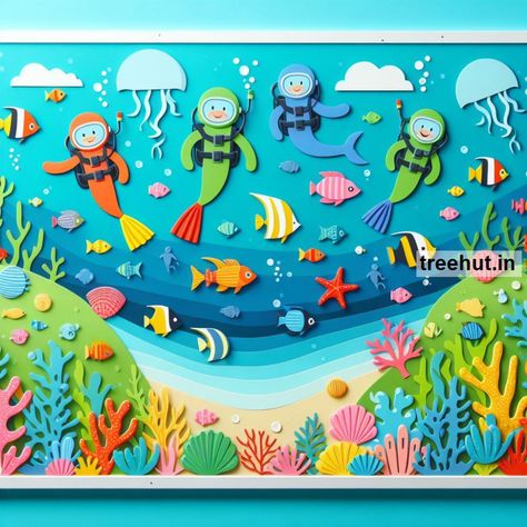 Ocean Bulletin Board Ideas, School Bulletin Board Ideas, Summer Bulletin Board Animal Theme Decorations, Underwater Bulletin Board, Ocean Bulletin Board Ideas, Bulletin Board Ideas Summer, Ocean Bulletin Board, School Bulletin Board Ideas, Fish Anatomy, Soft Board Decoration, Summer Bulletin Board