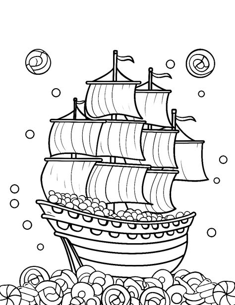 Candy Pirate Ship: A pirate ship full of candy on the high seas made of candy. (Free Printable Coloring Page for Kids) Teddy Bear Coloring Pages, Candy Coloring Pages, Pinterest Valentines, Heart Shaped Candy, Cotton Candy Clouds, Tree Coloring Page, Bear Coloring Pages, Birthday Wishes Messages, Free Candy