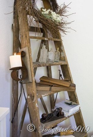 I want an old wooden ladder to use to grow a vine on in my garden Decorating With Old Ladders, Ladder Styling, Old Ladder Ideas, Wooden Ladder Decor, Antique Ladder, Old Wooden Ladders, Ladder Ideas, Ladder Display, Kitchen Ladder