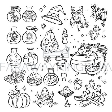 Objects Sketch, Halloween Witchcraft, Halloween Doodles, Tattoo Filler, Alchemy Art, Drawing Ideas List, Flower Line Drawings, Magical Accessories, Occult Symbols