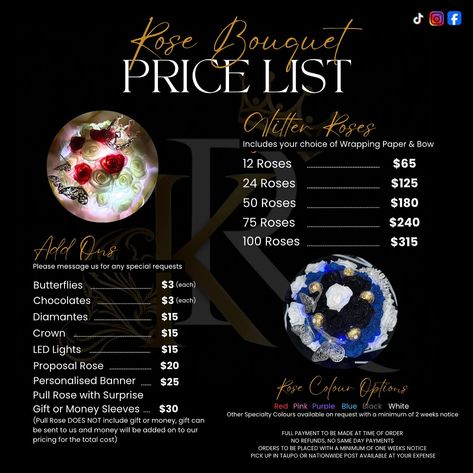 UPDATED Forever Rose Bouquet Price List & Options ✨🌹 ••• Price includes your colour choice of Wrapping Paper & Bow. Our Specialty Wrapping Paper (Dior, LV, Chanel, Gucci etc) is an extra $10. Selection of Gift Boxes available - Please look through our posts to see some of our Gift Box Options and enquire to see what we have in stock. Local Pick up or can post NZ Wide. Flower Bouquet Business Ideas, Flower Bouquet Price List, Crochet Price List, Bouquet Price List, Eternal Roses Price List, Wrapping Paper Bow, Diy Rose Bouquet, Forever Flower Bouquets, Vday Crafts