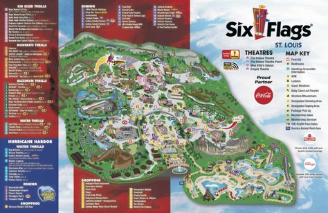 Park Map - Six Flags St Louis Six Flags Texas, Six Flags St Louis, Six Flags America, Dallas Map, Theme Park Map, Texas Attractions, Six Flags Fiesta Texas, Six Flags Over Texas, Texas Theme