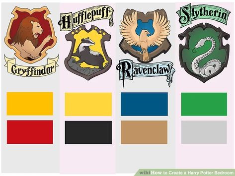 How to Create a Harry Potter Bedroom (with Pictures) - wikiHow Hogwarts House Color Palette, Harry Potter Houses Colors, Harry Potter Braces Colors, Hogwarts Gryffindor Uniform, Robes Harry Potter, Harry Potter Color Palette, Slytherin Makeup, Hufflepuff Bedroom, Harry Potter House Colors