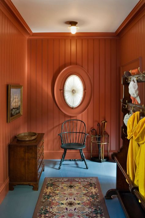 See more of Jayne Design Studio's "Penobscot Bay House" on 1stdibs Traditional Eclectic, Mudroom Design, Orange Interior, Wooden Stairs, Red Rooms, Décor Diy, Kitchen Colors, Interior Paint, Interior Inspiration