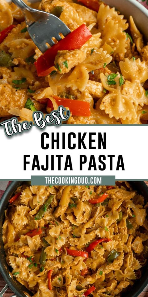 Chicken fajita pasta on a fork and in a pan. Chicken Fajita Alfredo Pasta, One Pot Meals Stove Top, Chicken Pasta Skillet Recipes, Healthy Stove Top Recipes, Chicken Breast Recipes Pasta, Chicken Breast Recipes Stove Top, Steak Fajita Pasta, Chicken Bell Pepper Recipes, Chicken Fajita Pasta Recipe