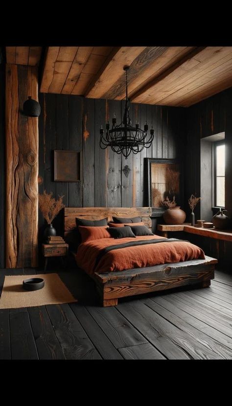 Bedroom Transformation, Black Bed Frame, Cabin Bedroom, Mens Bedroom, Bedroom Wall Colors, Dark Home, Bedroom Decor Design, Rustic Bedroom, Dream Bedroom