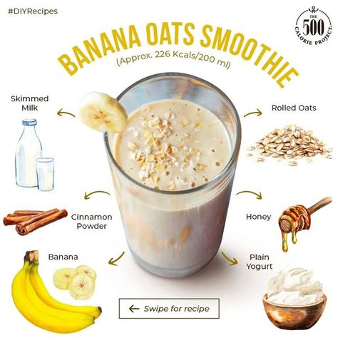 The 500 Calorie Project on Instagram: "Banana Smoothie recipe to try today! Get your dose of fibre, vitamins, protein, and minerals in one go! #DIYrecipes #Recipe #Smoothierecipe #HealthyFood #Healthy Recipes #HealthyLife #HealthyLiving #Smoothiegoals #BananaRecipeis #BananaSmoothie #HealhtyTreat #HealthyBreakfast #Vitamins #Protiens" Oat And Banana Smoothie, Oats Banana Smoothie, 500 Calorie, Banana Smoothie Recipe, 500 Calories, Skim Milk, Plain Yogurt, Honey And Cinnamon, Banana Smoothie