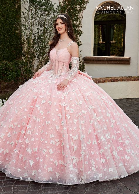 Quinceanera Couture Dresses | Alta Couture | Style - RQ3112 Butterfly Corset, Debutante Ball, Butterfly Motif, Quinceanera Dress, Rachel Allan, 3d Butterfly, Couture Candy, 3d Butterflies, Sleeveless Long Dress