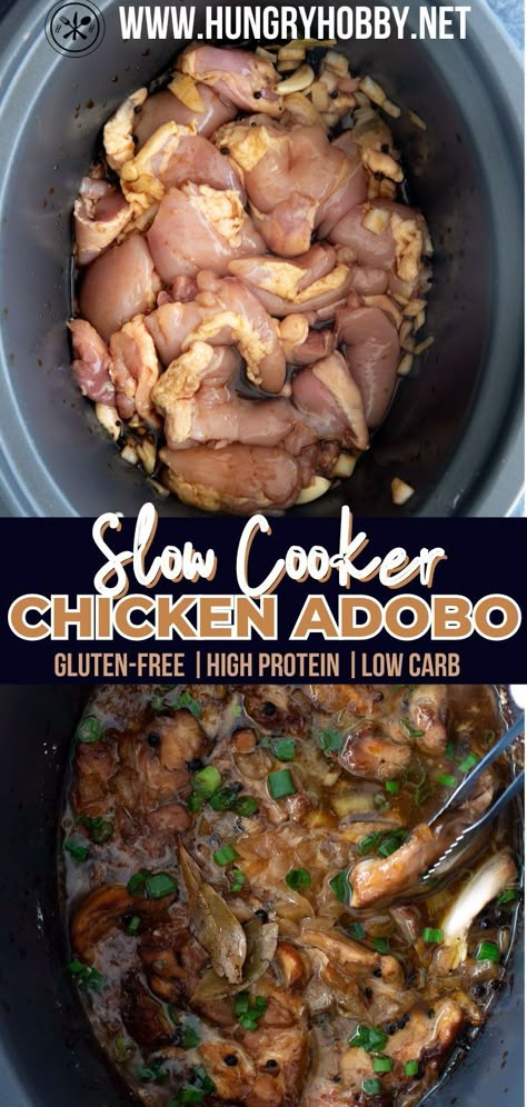 Slow-cooker chicken adobo is a tender, juicy, and flavorful chicken recipe traditionally made with simple vinegar and soy sauce-based sauce. Crockpot Adobo Chicken, Adobe Chicken Recipe, Chicken Adobo Recipe Crockpot, Adobo Chicken Slow Cooker, Adobe Chicken Crockpot, Chicken Adobo Crockpot, Instapot Chicken Adobo, Slow Cooker Chicken Adobo, Chicken Adobo Filipino Crockpot