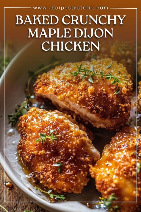 This Baked Crunchy Maple Dijon Chicken combines tender chicken with a crispy cornflake coating, enhanced by a delicious maple Dijon sauce. Perfect for a family dinner or a gathering, it offers a delightful blend of sweet and spicy flavors that everyone will love! Maple Chicken Recipes, Dijon Chicken Recipes, Maple Dijon Chicken, Cornflake Chicken, Maple Chicken, Dijon Sauce, Dijon Chicken, Chicken Recipes Casserole, Cereal Recipes