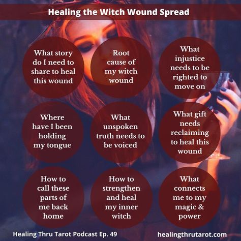 Healing the Witch Wound Spread (Healing Thru Tarot custom spread). Goes with Episode 49 of The Healing Thru Tarot Podcast titled: Healing the Witch Wound + Review of the Oracle of the Witch: Reclaim Your Birthright Deck - In this episode, I discuss healing the witch wound and review the Oracle of the Witch: Reclaim Your Birthright deck and Spells: A Little Deck of Enchantments. Link to this podcast episode on my anchor public page is above. Check it out! Witch Samhain, Witch Wound, Witch Powers, Black Magick, Tarot Spread, The Oracle, Tarot Learning, Mental Health Care, Energy Healer