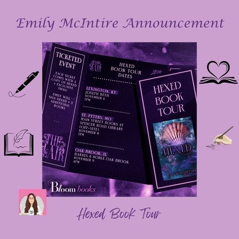 ✨ 𝗘𝗠𝗜𝗟𝗬 𝗠𝗖𝗜𝗡𝗧𝗜𝗥𝗘 𝗔𝗡𝗡𝗢𝗨𝗡𝗖𝗘𝗠𝗘𝗡𝗧 ✨ It's been almost two years since her last event, but Emily is back with three epic tour stops for the release of Hexed, book six in the Never After series! 🐚 These are Ticketed events with LIMITED amounts! 🔱 Each ticket comes with a copy of Hexed + Exclusive Swag! 🐚 Emily will personalize (name only) and sign Hexed + 3 additional books 🔱 Special guests TBA at each stop to be In Conversation With Emily before the signing line! Where's Emily going? November... Never After Series, Emily Mcintire, After Series, Bloom Book, November 9th, Barnes And Noble, Special Guest, And Sign, Books