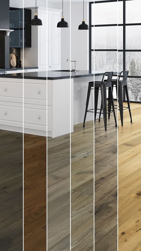 Thinking about upgrading your kitchen but not sure where to start with your new flooring? It can be hard to imagine what a space looks like with different styles of hardwood floors, so we decided to do it for you! We’ve paired six different LIFECORE engineered hardwood floors—including acacia, hickory, oak, and maple hardwoods—with one on-trend kitchen to help you dream big for your renovations in 2020. Lifecore Flooring, Laminate Wood Flooring Colors, Hickory Wood Floors, Maple Wood Flooring, Floor Stain Colors, Wood Floor Stain Colors, Wood Floor Colors, Laminate Flooring Colors, Maple Hardwood Floors