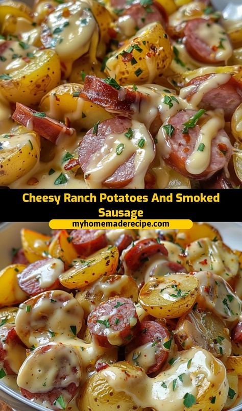 These Cheesy Ranch Potatoes and Smoked Sausage make for a comforting and flavorful dish! Packed with cheesy goodness and savory sausage, it’s an easy dinner the whole family will love Dinners With Smoked Sausage Kielbasa, Cheesy Sausage Recipes, Cheese Potatoes And Smoked Sausage, Meal Ideas Sausage, Sauce For Smoked Sausage, Quick Sausage Recipes, Sausage Lunch Meal Prep, Easy Dinner Ideas With Smoked Sausage, Glazed Smoked Sausage