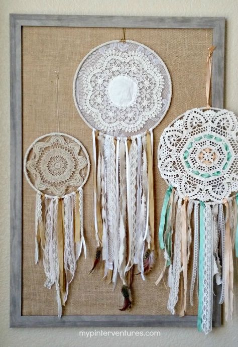 From framed doilies to lamp shades, tap into your crafty side with one of these 11 Best Doily Craft Ideas. Dreams Catcher, Doily Dream Catchers, Ribbon Projects, Bohemian Dreamcatcher, Doilies Crafts, Dream Catcher Craft, Vintage Doily, Lace Crafts, Dream Catcher Diy