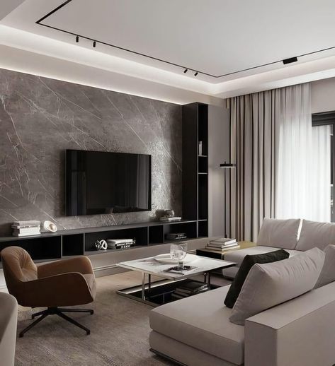 Tv Unit Design Modern, Outfit Office, Nordic Lamp, Living Room Tv Unit, Set Sofa, Contemporary Apartment, Low Ceiling, A Living Room, Living Room Tv