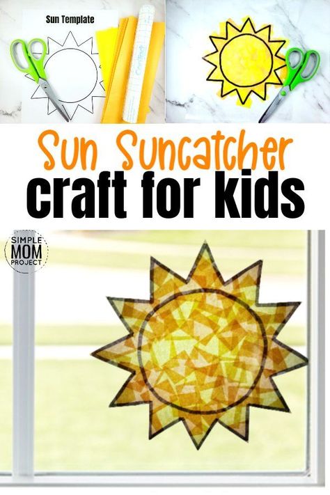 Print your free sun template and give your windows a fun, stained glass effect with this easy, diy spring and summer sun suncatcher craft. This sunshine craft is great for kids of all ages including preschoolers, toddlers, kindergartners and even adults! #suncatcher #suncatchercrafts #suncrafts #sunsuncatchercraft Easy Sun Catcher Craft, Sunshine Art For Kids, Summer Sun Catcher Crafts For Kids, Suncatchers Preschool, Sun Catcher Crafts For Kids, Sunshine Crafts For Kids, Mosaic Suncatchers, Sunshine Crafts For Preschoolers, Sun Template