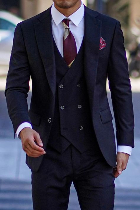 Man wearing a navy three piece suit. Black Wedding Suit For Groom, Navy Blue 3 Piece Suit, Mens Suit For Wedding, Masculine Contemporary, Three Piece Suit Wedding, Navy Blue Suit Men, Three Piece Suit Mens, Black Three Piece Suit, 3 Piece Suit Men