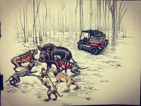 A combination of styles, pencil drawing and painting, that I did recently! Hog Hunting With Dogs, Hunting With Dogs, Hog Farm, Pig Hunting, Etching Ideas, Hog Hunting, Hunting Art, Skull Painting, Leather Carving