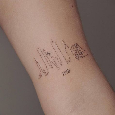 Nyc Line Tattoo, Fine Line Nyc Skyline Tattoo, City Line Tattoo, Nyc Related Tattoos, Brooklyn Script Tattoo, Manhattan Skyline Tattoo, City Outline Tattoo, Horizontal Minimalist Tattoo, Nyc Themed Tattoos