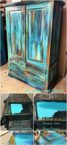 Use the Bermuda blending paint technique to create some startling contrasts with teal. Blending Paint, Fur Furniture, Chic Decor Diy, Shabby Chic Furniture Diy, Paint Collage, Shabby Chic Decor Diy, Teal Paint, Painted Furniture Colors, Furniture Painting Techniques