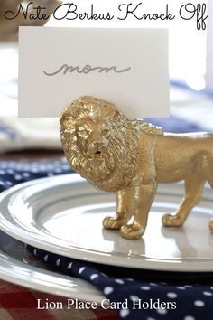 Nate Berkus Knock Off: Lion Place Card Holders - Simple Stylings Wine Cork Wedding, Animal Wedding, Card Holder Diy, Cork Wedding, Diy Place Cards, Safari Wedding, Place Card Holders Wedding, Thanksgiving Place Cards, Metallic Spray Paint