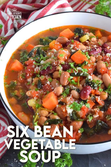 This hearty soup is packed with huge flavour and lots of good-for-you ingredients. Six Bean Vegetable Soup is filling and delicious, is very freezer-friendly, and can be prepared from start to finish in less than one hour! #soup #beansoup #vegetablesoup #vegetarian #freezermeals Vegetarian Vegetable Soup Crock Pot, Chicken Bean Vegetable Soup, Seriously Good Vegetable Soup, 15 Bean Vegetable Soup, Bean Soup Mix Recipe, Nourishing Vegetable Soup, Bean Soup Crockpot, Vegetarian Vegetable Soup, Crock Pot Vegetables