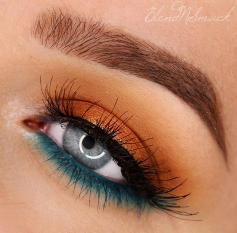 Orange And Teal Eye Makeup, Orange And Teal Makeup, Blue And Orange Eye Makeup, Green Orange Makeup, Green And Orange Makeup, Blue And Orange Makeup, Gold Smoky Eye, Teal Eye Makeup, Makeup Verde