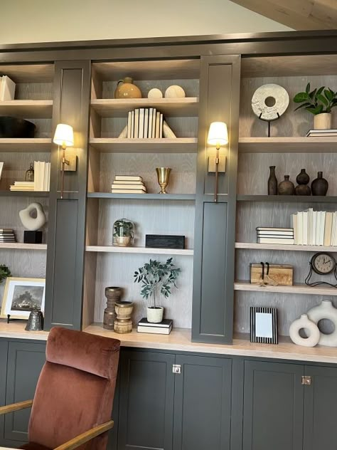 Built In Library Wall Living Room, Large Wall Cabinets Living Rooms, 2 Tone Built In Bookshelves, Taupe Bookshelves, Full Wall Built In Bookshelves, Rustic Built In Shelves Living Room, Large Wall Bookshelf Ideas, Library Room Ideas Vintage, Built In Bookcase Living Room