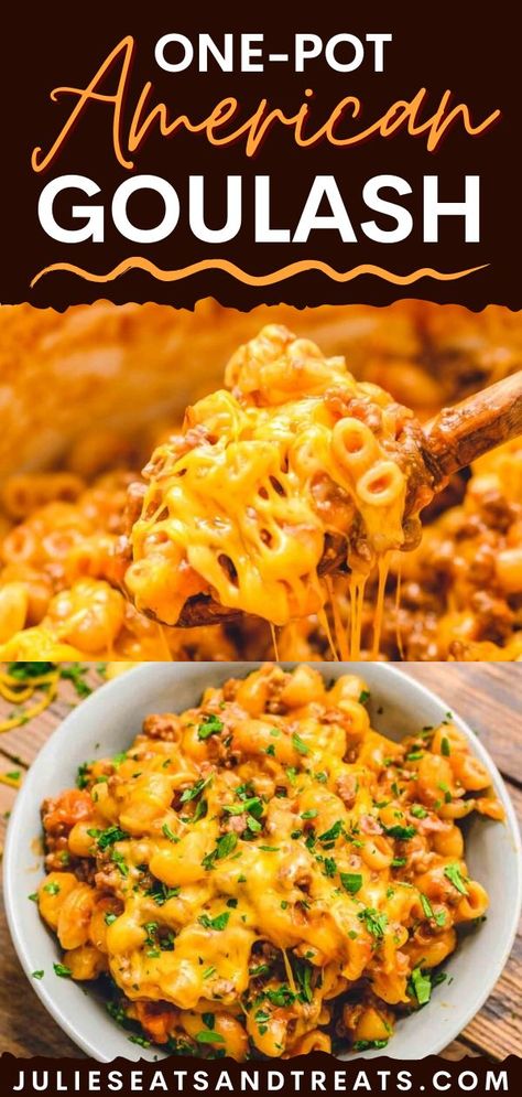 American Goulash, comfort food, one pot Easy Cheesy Beef Goulash, Goulash Recipes With Cheese, Goulash With Cream Cheese, Ground Beef Recipes With Velveeta Cheese, Goulash Recipes Chicken, Cheesy Goulash Recipes Easy, One Pot American Goulash, Goulash Recipes Cheesy, Homemade Goulash Recipe