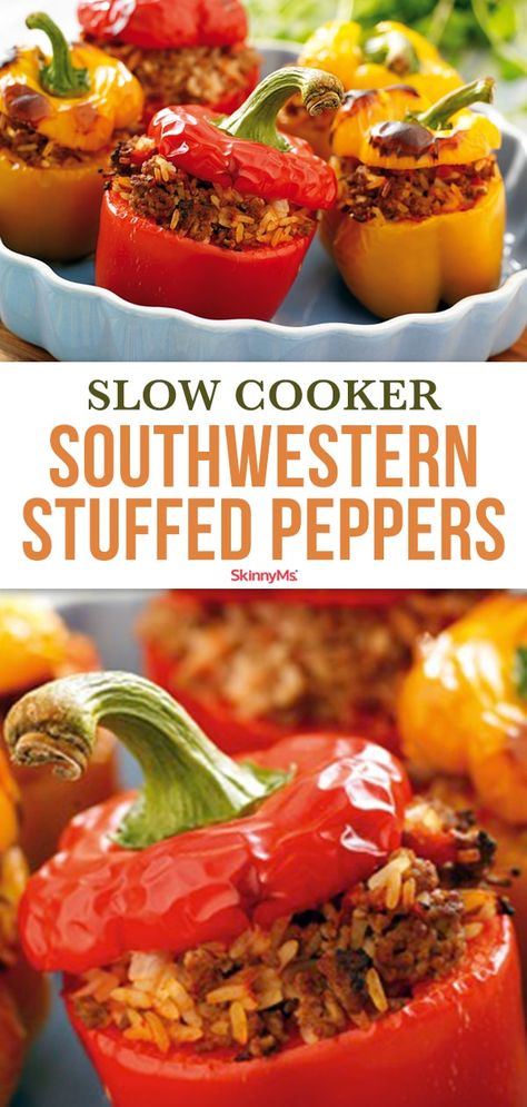 Slow Cooker Southwestern Stuffed Peppers Taco Stuffed Peppers Crockpot, Southwest Stuffed Bell Peppers, Stuffed Peppers Crockpot, Rice Beans Corn, Southwest Stuffed Peppers, Stuffed Peppers With Rice, Crockpot Stuffed Peppers, Slow Cooker Stuffed Peppers, Stuffed Peppers Recipe