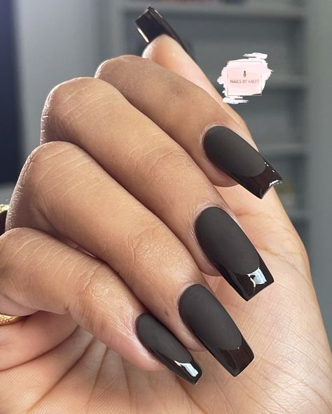 Half Matte Half Gloss Nails French Tip, Black Nails With Matte French, Matte Black Nails With Gloss French Tip, Matte Nails With Shiny Tips French, Black On Black French Tip Nails Matte, Matte Black Nails Gloss Tip, Mate French Nails, Matte Black Nails Shiny Tip, Matte Nails Shiny French