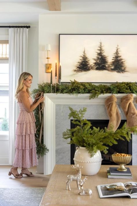 Team Picks From Brooke & Lou's Holiday Collection | Bria Hammel Interiors Classic Simple Christmas Decor, Back Of Chair Christmas Decor, Modern Fireplace Christmas Decor, Garland Mantle Christmas, Tv Console Christmas Decor, Simple Christmas Mantle Decor, European Christmas Decor, Subtle Christmas Decor, Fireplace Garland Christmas