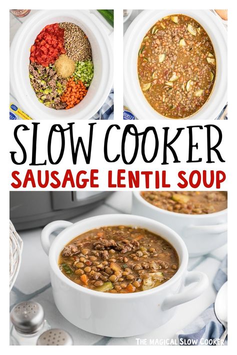 Slow Cooker Sausage Lentil Soup Green Lentil Crockpot Recipes, Sausage Lentil Soup Crockpot, Lentil Soup Crockpot, Sausage Lentil Soup, Best Lentil Soup, Sausage Lentil, Slow Cooker Lentil Soup, Lentil Sausage Soup, Slow Cooker Sausage