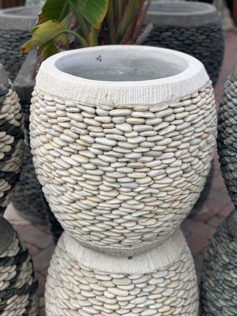 Stacked stone white pebble egg shaped planter Stacked Stone Planters, Pebble Planter, Pebble Pot, Unique Stone Planters, Rock Stone Vase, Stone Planter, White Pebbles, Stone Vase, Front Deck